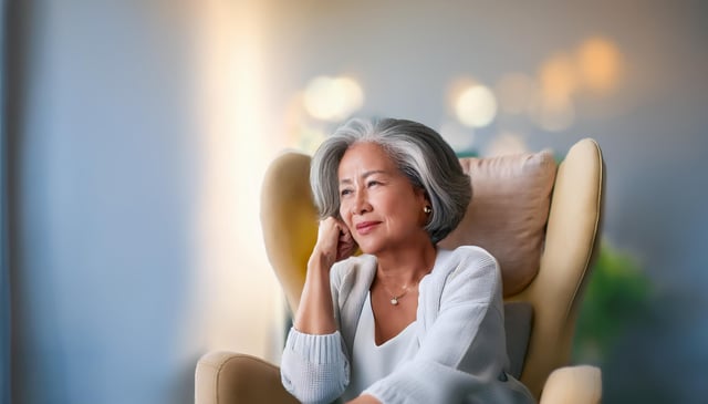 A woman with gray hair sits in a beige armchair, her hand resting on her cheek. She wears a light sweater and a necklace, and she gazes thoughtfully to the side.