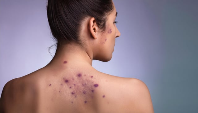 A woman with her hair in a bun faces away, revealing numerous dark purple spots scattered across her upper back and a few on her face. The skin appears smooth except for the blemishes