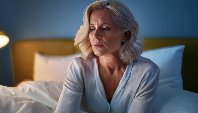 A woman with shoulder-length blonde hair sits on a bed, looking contemplative. She wears a light blue blouse, and soft light illuminates her face, highlighting delicate features. White pillows and a yellow headboard frame her.