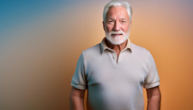 An elderly man with white hair and a beard wears a light beige short-sleeve shirt and smiles warmly. The background softly transitions from blue to orange.