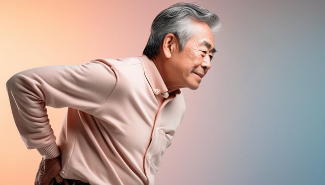 An elderly man with gray hair leans forward, clutching his lower back with one hand, while wearing a light pink button-up shirt. His expression appears strained.