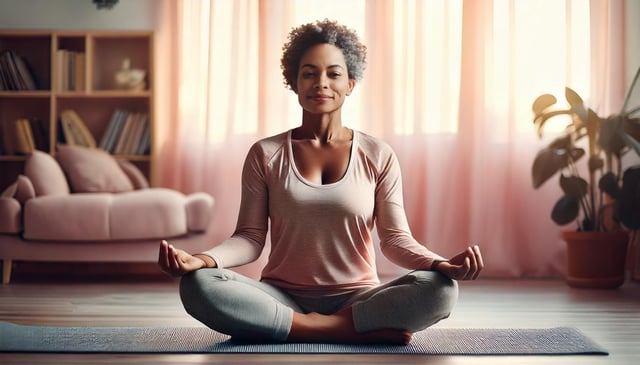 A person sits cross-legged on a yoga mat in a peaceful living room setting, wearing a pink long-sleeved top and gray yoga pants. The serene pose shows hands resting on knees in a classic meditation position.