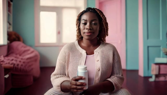 In a pastel-colored room with mint green and pink walls, a person wearing a beige knit cardigan sits holding a white bottle. The styled hair features blonde-tipped braids, and their expression conveys warmth and contentment.