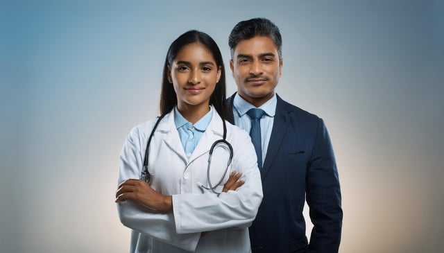 A confident woman in a white lab coat stands with arms crossed, a stethoscope draped around her neck, beside a man in a dark suit and blue tie. Their expressions radiate professionalism.