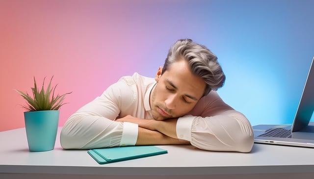 A person with gray hair sleeps on a white desk, their head resting on crossed arms. A small green potted plant and a closed turquoise notebook sit nearby.