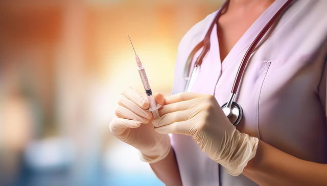 A healthcare worker wearing gloves holds a syringe filled with a pink liquid. A stethoscope hangs around their neck, and they wear a light-colored scrub top.