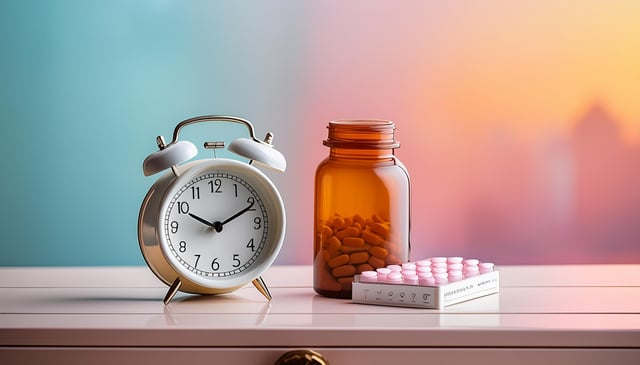 A white alarm clock, an amber pill bottle filled with orange tablets, and a blister pack of pink pills sit on a glossy white surface.