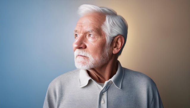 An elderly man with white hair and a beard gazes pensively to the side, wearing a light gray collared shirt. His expression is thoughtful, highlighted by soft lighting from the side.