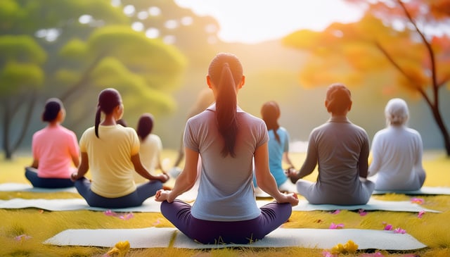 A group of people sits cross-legged on yoga mats, facing away, in a serene outdoor setting. The central figure wears a light blue shirt and has long hair tied in a ponytail.