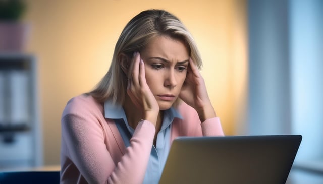 A woman with blonde hair looks stressed while holding her head in her hands, staring intently at a laptop screen. She wears a pink sweater over a blue collared shirt.