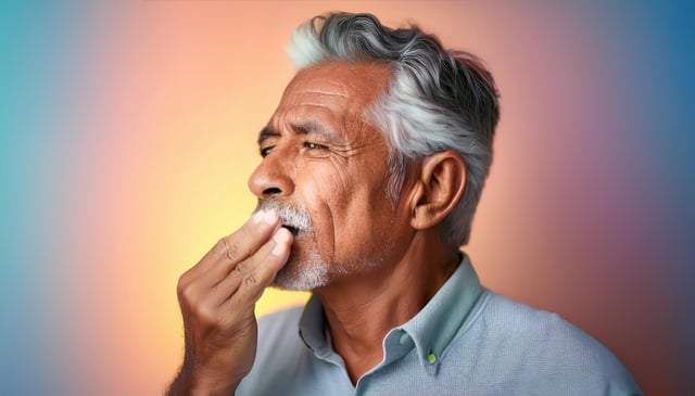 An elderly man with gray hair and a trimmed beard holds his hand to his mouth. He wears a light gray collared shirt and faces left against a soft, colorful background.