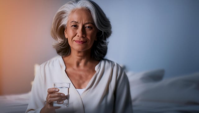 A woman with gray hair and a gentle smile holds a glass of water. She wears a white blouse and sits in soft, warm lighting.