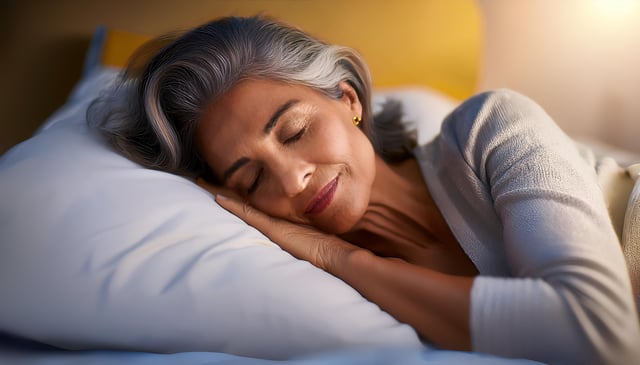 A woman with gray hair gently rests her head on a soft, white pillow, eyes closed in peaceful sleep. She wears a light-colored sweater, and small golden earrings shimmer.