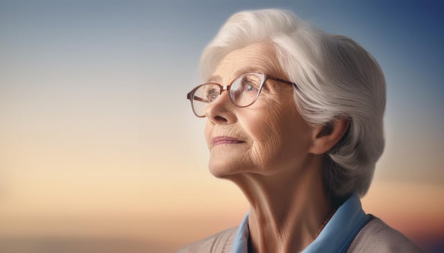 An elderly woman with short, white hair and glasses gazes upwards with a serene expression. Her face shows gentle wrinkles and she wears a collared shirt and sweater.