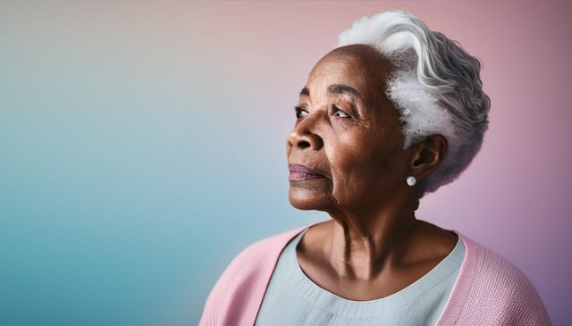 An elderly woman with short, curly white hair gazes thoughtfully to the right. She wears a light blue top and a pink cardigan, accompanied by pearl earrings.