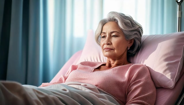 A patient rests in a hospital bed wearing a soft pink sweater, propped up against pink pillows. Soft teal curtains filter natural light through the window behind the bed.