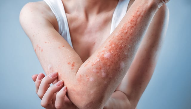 A person’s arm, covered in red, irritated patches and white spots, is bent at the elbow while the other hand lightly touches it. The individual wears a sleeveless top.