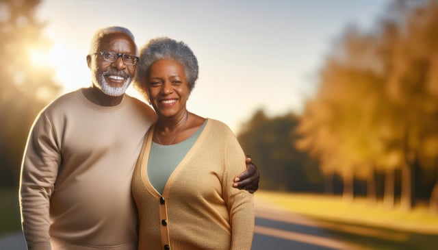 A smiling elderly couple embraces warmly. He wears glasses and a beige sweater, while she wears a green top under a light orange cardigan, radiating happiness and togetherness.