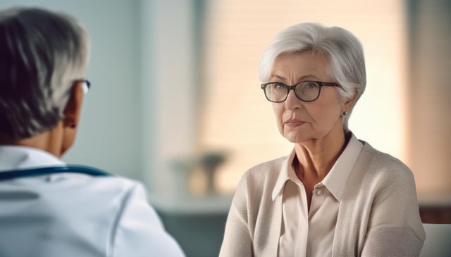 An elderly woman with short white hair and glasses sits attentively, wearing a light beige cardigan over a white shirt. A person in a white coat with a stethoscope faces her, partially visible.