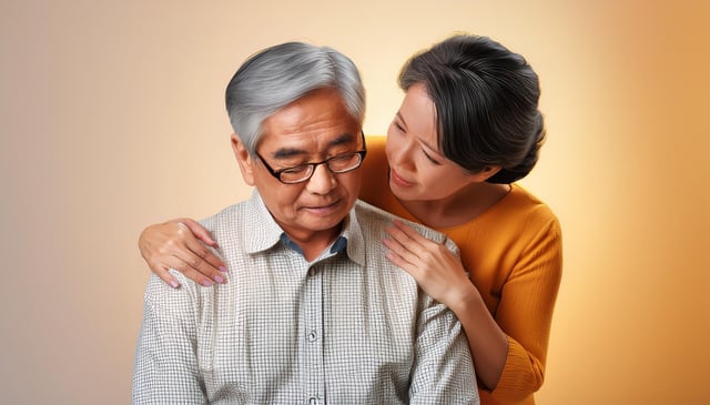 A woman in an orange sweater lovingly embraces an older man in glasses and a checkered shirt. She places her hands gently on his shoulders while gazing at him affectionately.