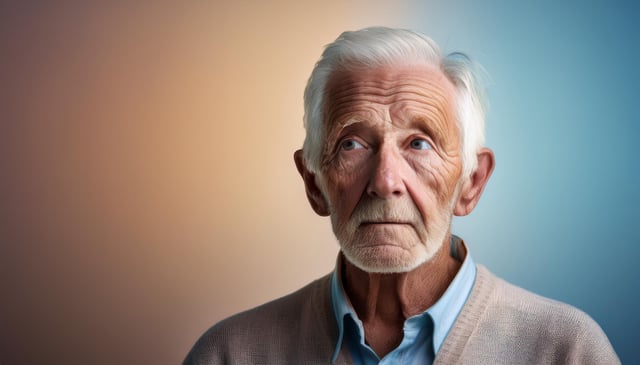 An elderly man with white hair gazes upward, his face marked by deep wrinkles. He wears a light blue button-up shirt under a beige sweater. The lighting highlights his thoughtful expression.