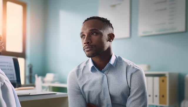 A man in a light blue dress shirt sits pensively, facing left. Sunlight softly illuminates his face, creating a thoughtful and serene atmosphere as he gazes forward.