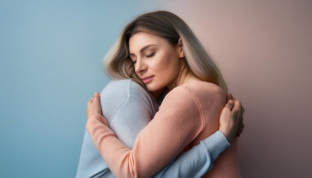 Two people embrace warmly, with one wearing a peach sweater and the other in a light blue sweater. The person with the peach sweater has blonde hair and closed eyes, displaying a serene expression.