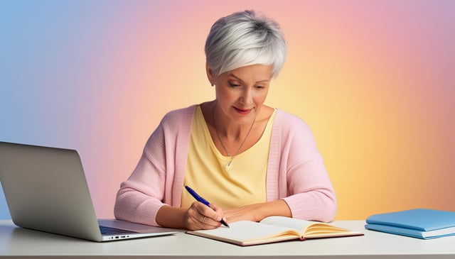 A woman with short gray hair and a pink cardigan writes in an open notebook with a blue pen. A laptop sits to her left, and a closed blue book lies to her right.