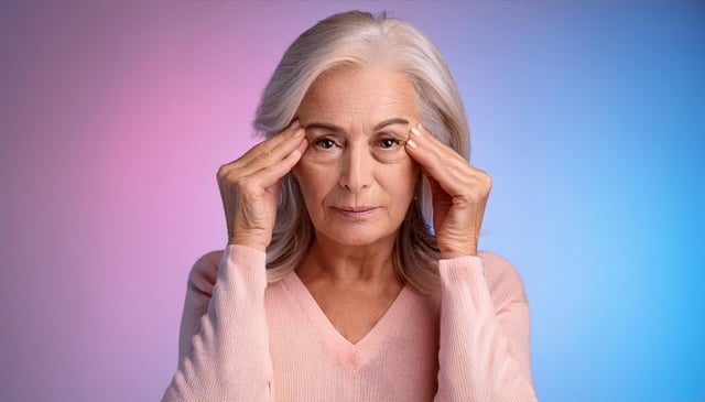 An older woman with gray hair pinches the skin around her eyes using both hands. She wears a light pink sweater and appears focused.