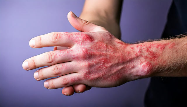 Two hands clasp together, showing red, scaly patches and irritation on the skin. The veins and texture of the skin appear prominent, highlighting the severity of the condition.