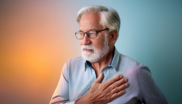 An older man with white hair and a beard, wearing glasses, touches his chest with one hand. He wears a textured, light blue buttoned shirt. Soft lighting highlights his gentle expression.