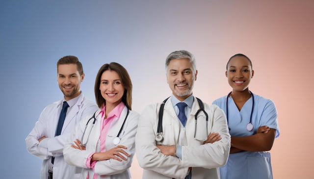 Four medical professionals stand with arms crossed, smiling confidently. The team includes three in white lab coats with stethoscopes and one in light blue scrubs.