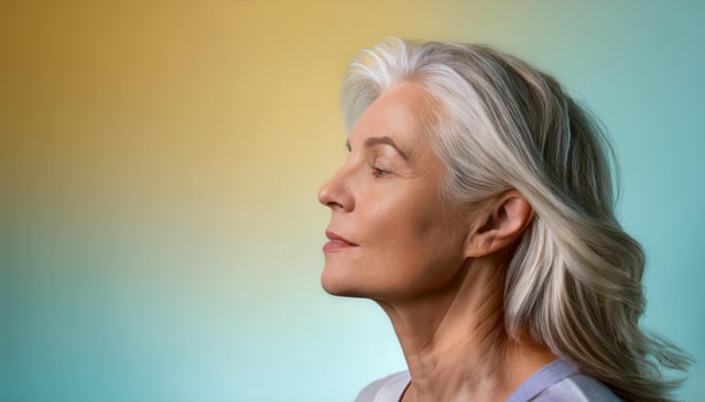 A woman with long, flowing gray hair closes her eyes, facing left in profile. Her serene expression highlights her smooth skin and gentle features against a soft gradient backdrop.