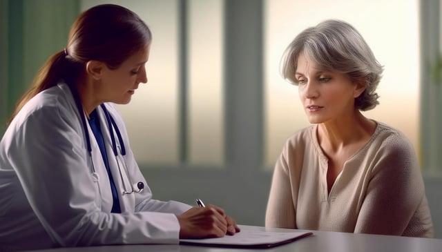 A doctor, wearing a white coat and stethoscope, writes on a clipboard while a thoughtful woman with short gray hair listens attentively. They sit across from each other at a table.