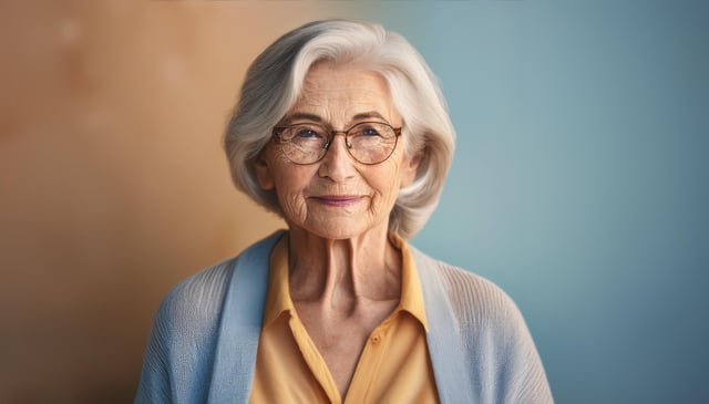 An elderly woman with short, white hair wears glasses and smiles gently. She dons a light blue cardigan over a yellow blouse. Her expression conveys warmth and wisdom.