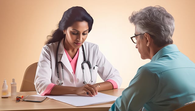 A doctor with a stethoscope around her neck consults a patient across a wooden table. The doctor points to a document, while the patient listens attentively.