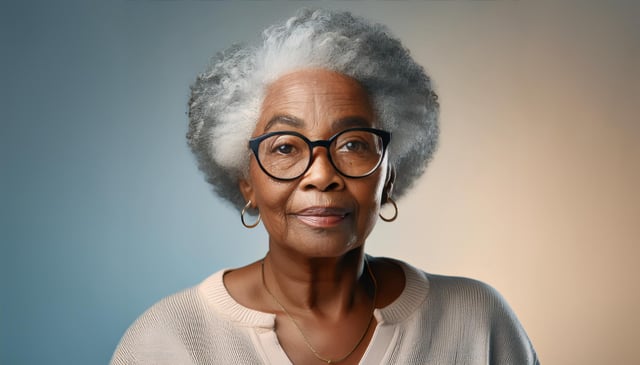 An elderly woman with curly gray hair wears black-rimmed glasses and gold hoop earrings. She dons a cream sweater over a light shirt, with a gentle expression on her face.