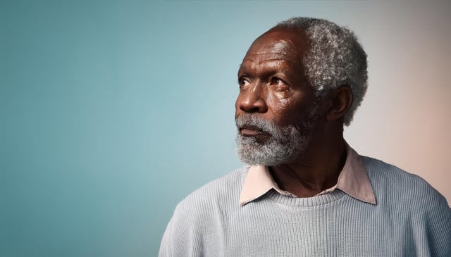 An elderly man with short, curly grey hair and a beard looks thoughtfully to his left. He wears a pale pink collared shirt under a light grey sweater.