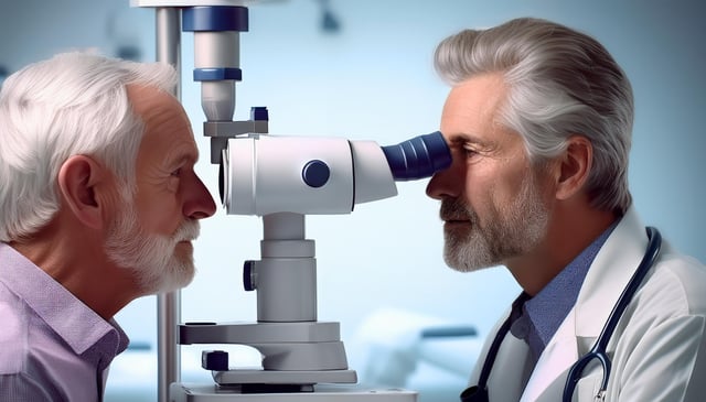 A grey-haired doctor uses a binocular slit lamp to examine an elderly man's eyes. The man, with white hair and a beard, sits facing the doctor.