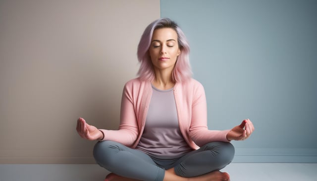 A woman with pink hair meditates, sitting cross-legged with her hands resting on her knees. She wears a pink cardigan over a gray shirt and gray pants, eyes closed peacefully.