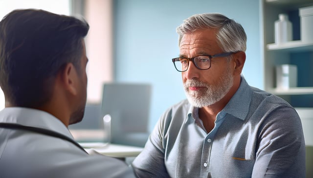 A gray-haired man with glasses attentively listens while facing another person whose back is visible. The man wears a blue button-up shirt and appears engaged in conversation.