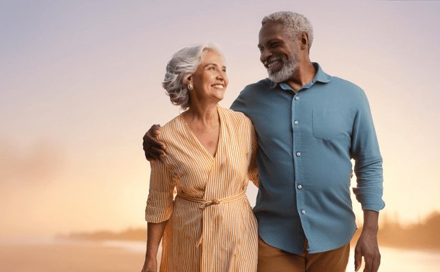 An elderly couple, arm in arm, smiles warmly at each other. The woman wears a yellow striped dress, while the man sports a blue button-up shirt.