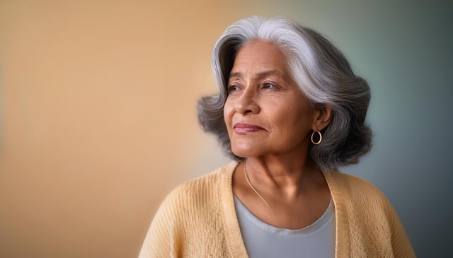 An elderly woman with gray hair, styled neatly, gazes thoughtfully to her right. She wears a yellow cardigan over a light gray top, complemented by simple gold hoop earrings.