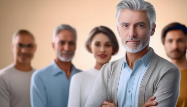 A man with silver hair and a beard stands confidently with arms crossed, wearing a light blue shirt and beige cardigan. Four blurred figures stand behind him, adding depth.