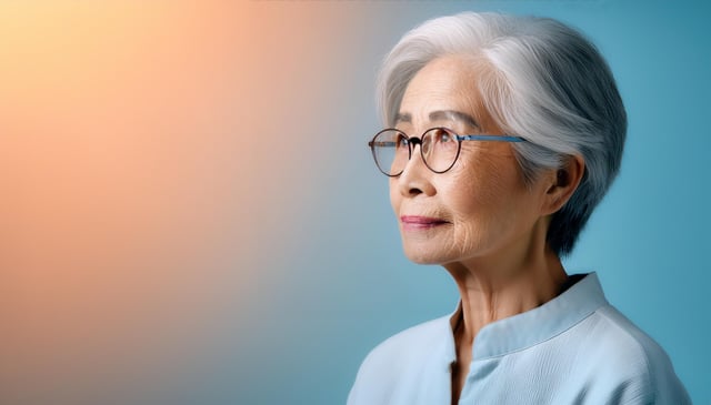 An elderly woman with short, white hair wears glasses and a light blue blouse. She gazes forward with a calm expression. Soft lighting highlights her face, enhancing her gentle features.