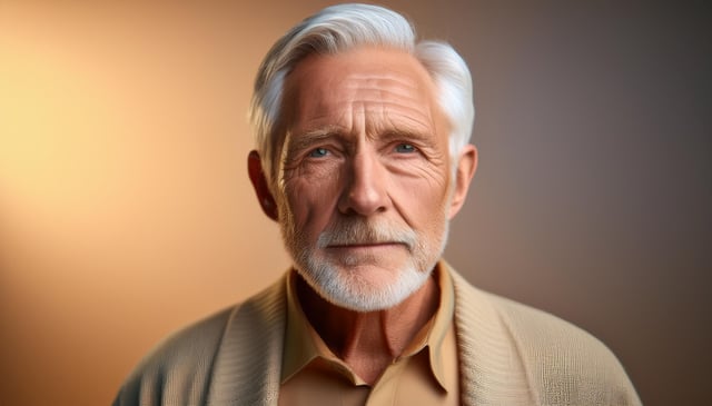 An elderly man with neatly combed white hair and a trimmed beard gazes forward. He wears a beige cardigan over a light brown collared shirt. His expression is calm and thoughtful.