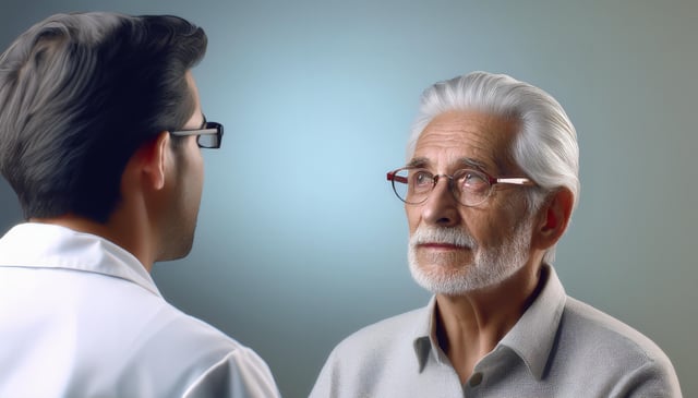 An elderly man with white hair and glasses looks upward attentively, his face displaying a thoughtful expression. Opposite him, a younger man with dark hair and glasses wears a white coat.