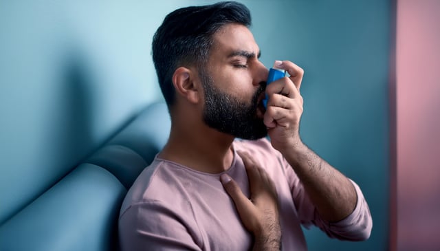 A man with a beard uses an inhaler while resting one hand on his chest. He wears a light pink shirt and sits against a lightly padded, blue surface.