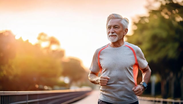 An active senior runner wearing a grey and orange athletic shirt jogs along a bridge path during sunset. A warm golden light illuminates the scene as trees line the background.