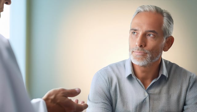 A man with gray hair and a beard, wearing a light blue checkered shirt, looks thoughtfully to the side. In the foreground, another person's hand gestures during a conversation.